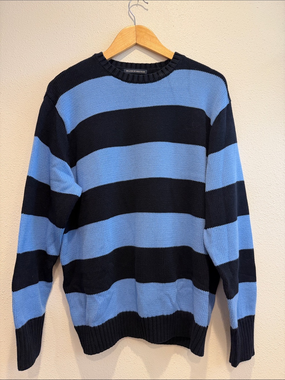 Brandy Melville Blue and Black Striped Crewneck Sweater
